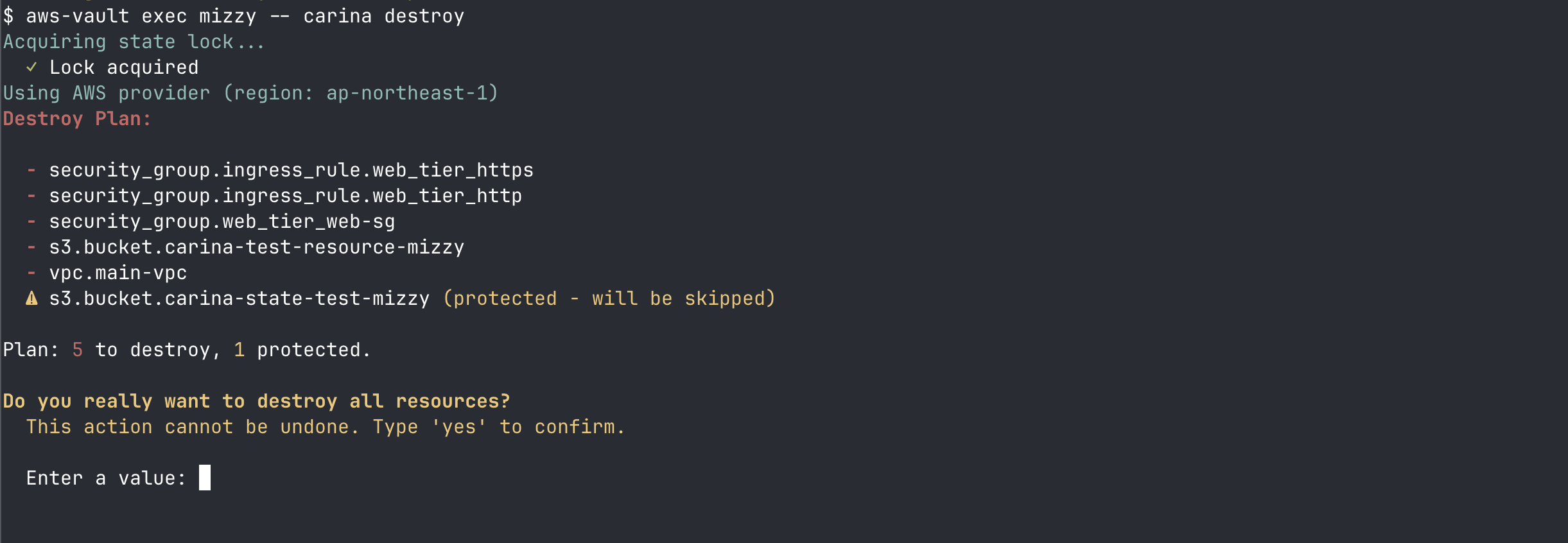 carina destroy の出力