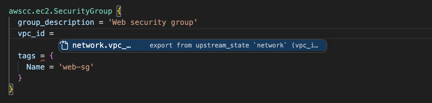 upstream_stateのexportsがLSPの補完候補に出る様子