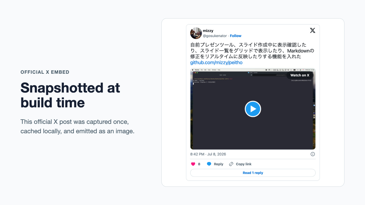 公式のXウィジェットのスクリーンショットが貼られたスライド